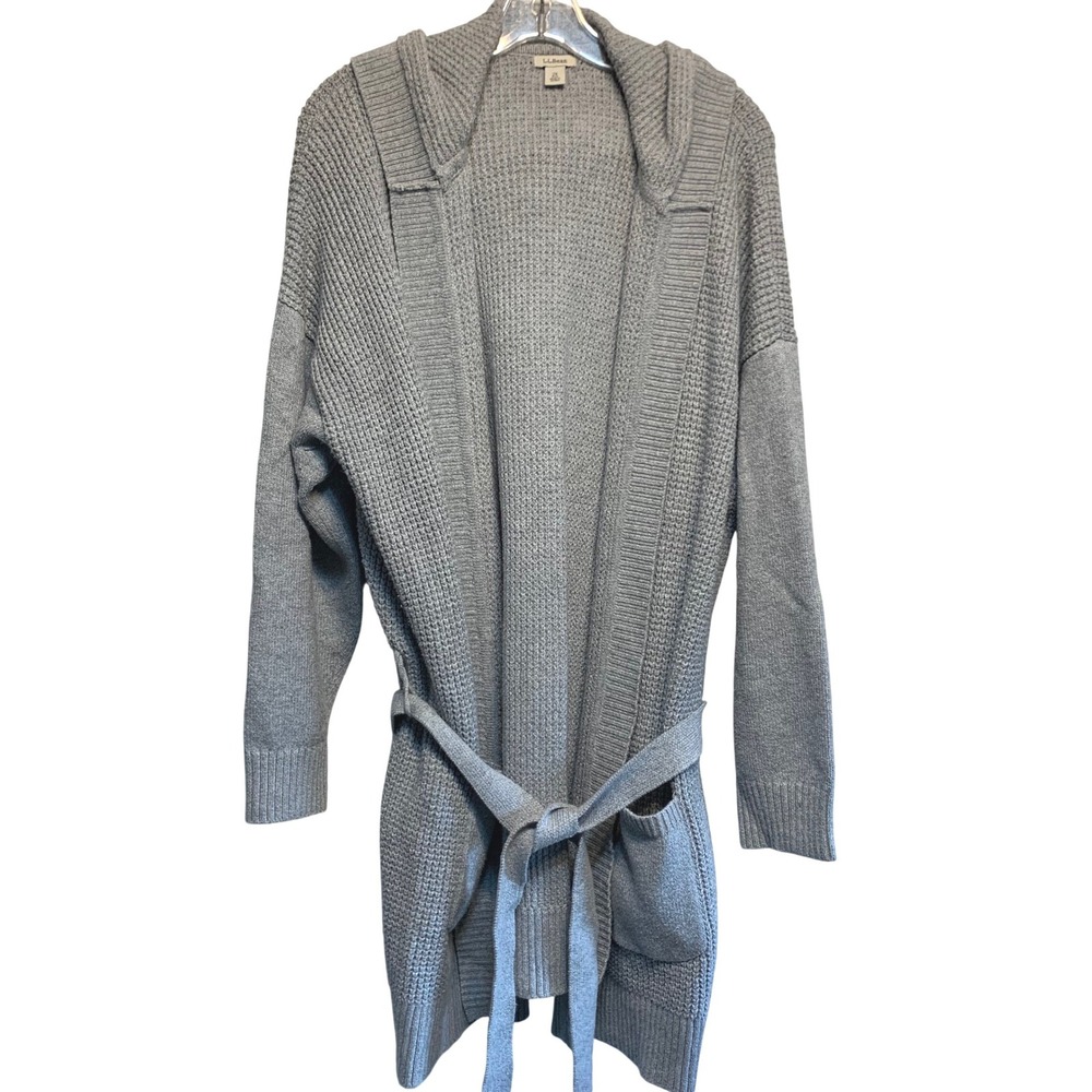 L.L.Bean Hooded Cardigan Sweater 2X Gray Waffle Knit Belted Longline Cabincore